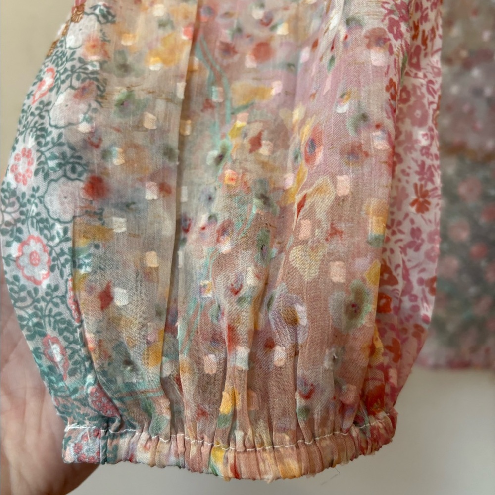 World Market Patchwork Floral Blouse L Cottagecore Prairie Boho Romantic hi I - Picture 2 of 6